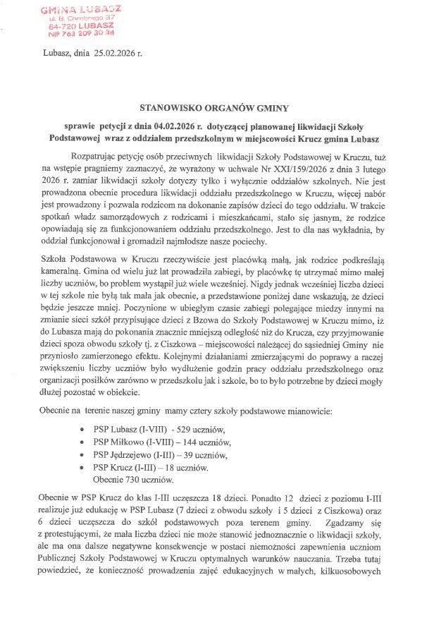 Stanowisko Organów Gminy Lubasz w Sprawie Petycji z dnia 04.02.2026 r.