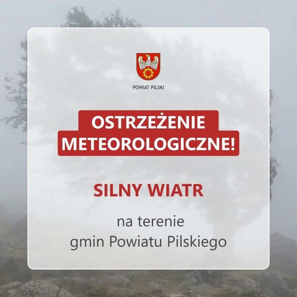 Ostrzeżenie meteorologiczne! Silny wiatr na terenie Powiatu Pilskiego